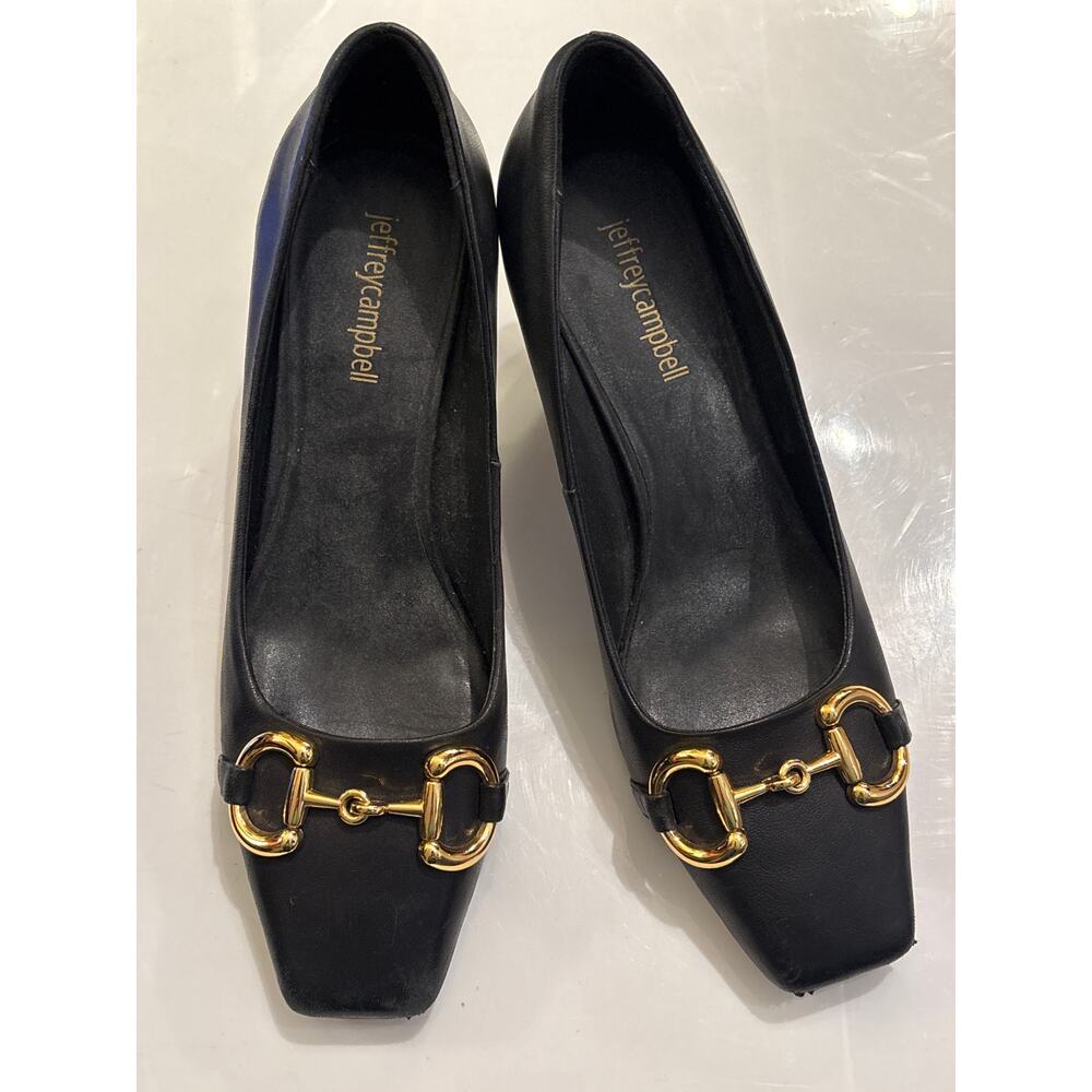 JEFFERY CAMPBELL Linnae Black Leather Sq Toe Low Heel Pump Gold Horsebit 7.5-8.0